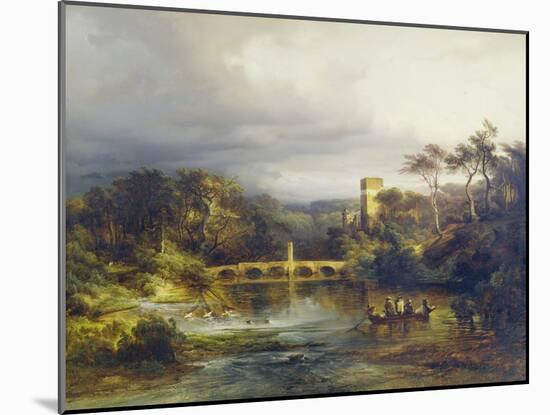 Castle at a forest lake with boaters and arched bridge. 1846-Caspar Scheuren-Mounted Giclee Print