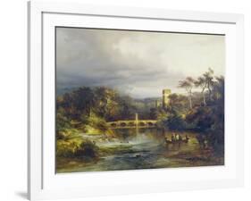 Castle at a forest lake with boaters and arched bridge. 1846-Caspar Scheuren-Framed Giclee Print