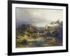 Castle at a forest lake with boaters and arched bridge. 1846-Caspar Scheuren-Framed Giclee Print