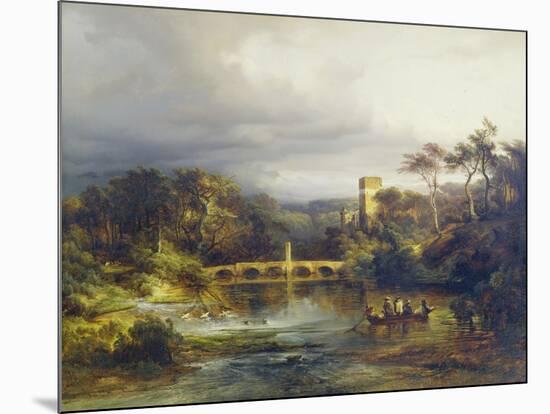 Castle at a forest lake with boaters and arched bridge. 1846-Caspar Scheuren-Mounted Giclee Print