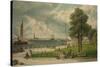 Castle Garden at the Tip of Manhattan with the Stature of Liberty in the Distance-null-Stretched Canvas