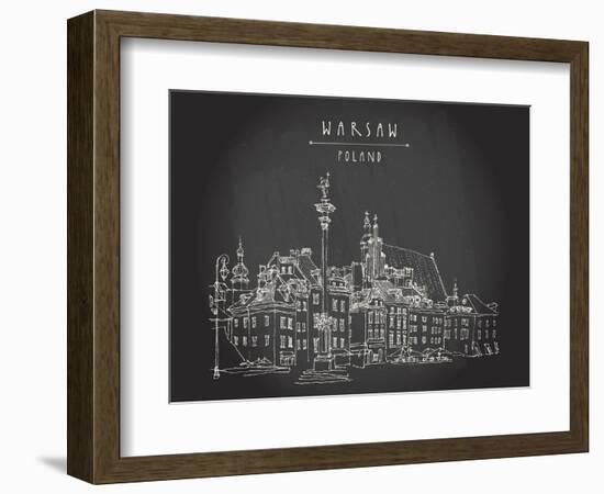 Castle Square in Old Center of Warsaw, Poland. Historic Buildings. Travel Sketch, Hand Lettering. W-babayuka-Framed Art Print