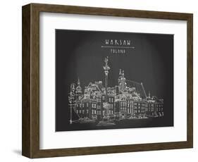 Castle Square in Old Center of Warsaw, Poland. Historic Buildings. Travel Sketch, Hand Lettering. W-babayuka-Framed Art Print