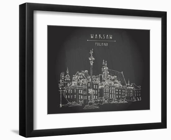 Castle Square in Old Center of Warsaw, Poland. Historic Buildings. Travel Sketch, Hand Lettering. W-babayuka-Framed Art Print