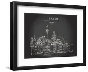 Castle Square in Old Center of Warsaw, Poland. Historic Buildings. Travel Sketch, Hand Lettering. W-babayuka-Framed Art Print