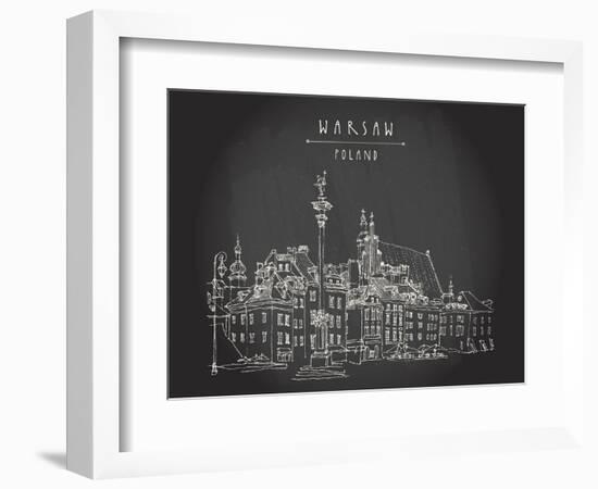 Castle Square in Old Center of Warsaw, Poland. Historic Buildings. Travel Sketch, Hand Lettering. W-babayuka-Framed Art Print