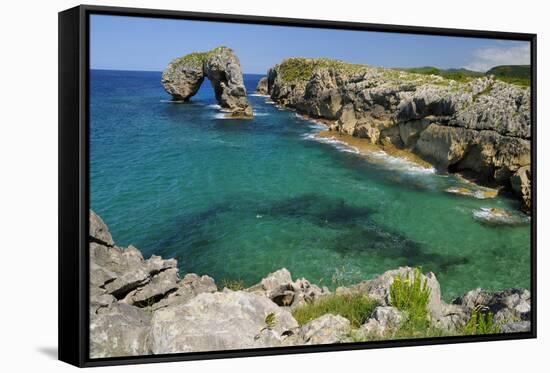 Castro de Gaviotas Karst Limestone Rock Archway and La Canalina Bay, Near Llanes, Asturias, Spain-Nick Upton-Framed Stretched Canvas