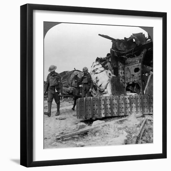 Casualties from the Front Pass Destroyed Tanks, Villers-Bretonneux, France, World War I, 1918-null-Framed Photographic Print