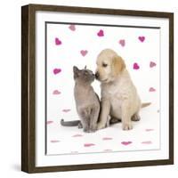 Cat and Dog Kitten and Puppy Nose to Nose with Pink Hearts-null-Framed Photographic Print