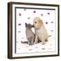 Cat and Dog Kitten and Puppy Nose to Nose with Pink Hearts-null-Framed Photographic Print