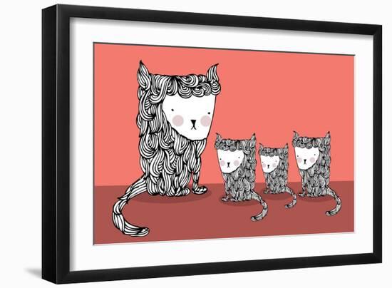 Cat and Kittens Illustration/Vector-lyeyee-Framed Art Print