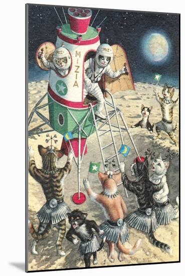 Cat Astronauts Landing on Female Cat Planet-null-Mounted Art Print