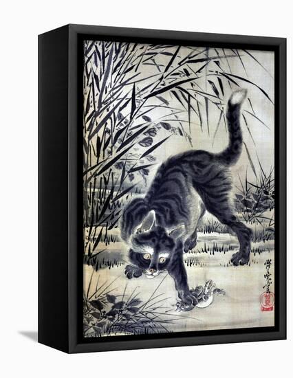 Cat Catching a Flog-Kyosai Kawanabe-Framed Stretched Canvas