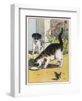 Cat Drinks a Saucer of Milk at a Doorstep Whilst Watched by a Dog-W. Foster-Framed Art Print