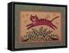 Cat Leaping over a Bush, a Mouse on its Backbordered with Stars-Beverly Johnston-Framed Stretched Canvas