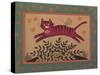 Cat Leaping over a Bush, a Mouse on its Backbordered with Stars-Beverly Johnston-Stretched Canvas