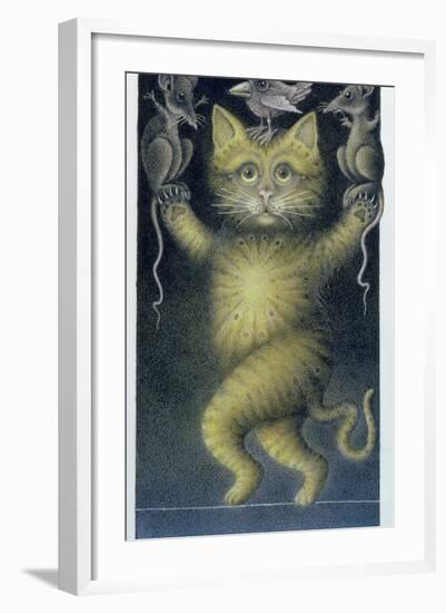 Cat on a Tightrope, Balancing with Bird and Mice-Wayne Anderson-Framed Premium Giclee Print