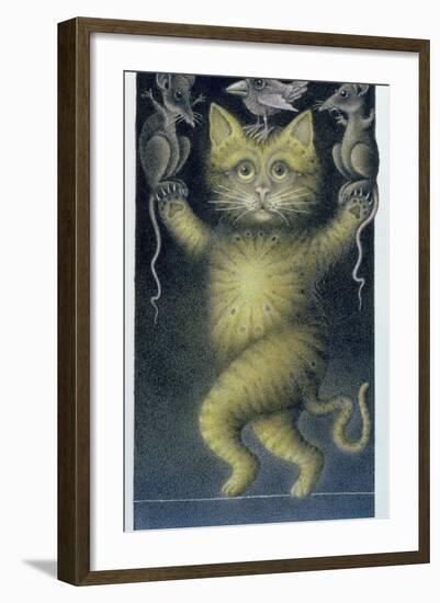 Cat on a Tightrope, Balancing with Bird and Mice-Wayne Anderson-Framed Premium Giclee Print