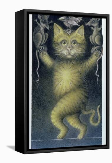 Cat on a Tightrope, Balancing with Bird and Mice-Wayne Anderson-Framed Stretched Canvas