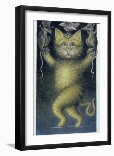 Cat on a Tightrope, Balancing with Bird and Mice-Wayne Anderson-Framed Giclee Print