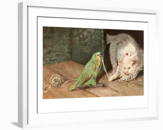 Cat Playing with Parrot-null-Framed Art Print