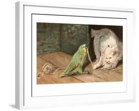 Cat Playing with Parrot-null-Framed Art Print