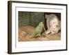 Cat Playing with Parrot-null-Framed Art Print