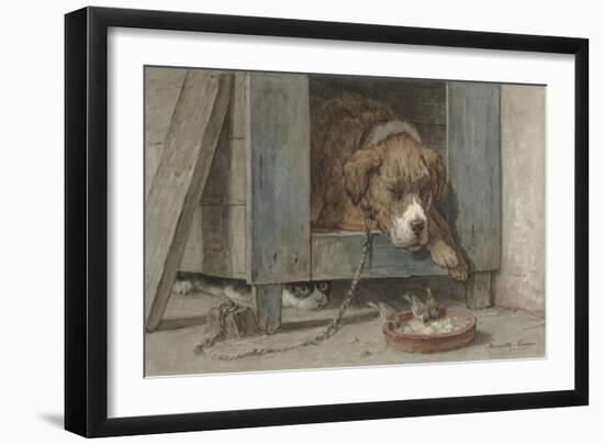 Cat Spies Birds While a Dog Sleeps, C. 1850-90-Henriette Ronner-Framed Art Print