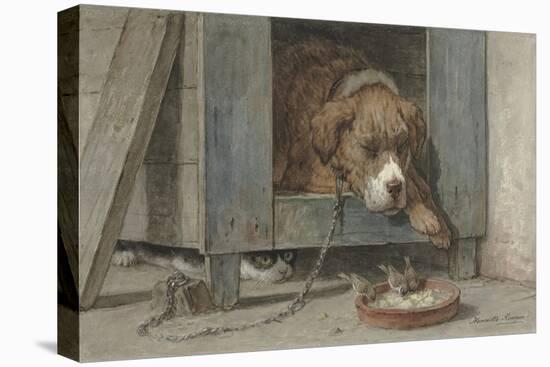 Cat Spies Birds While a Dog Sleeps, C. 1850-90-Henriette Ronner-Stretched Canvas