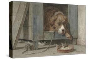 Cat Spies Birds While a Dog Sleeps, C. 1850-90-Henriette Ronner-Stretched Canvas