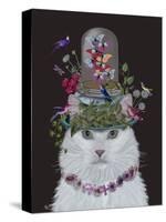 Cat, White with Butterfly bell jar, on black-Fab Funky-Stretched Canvas