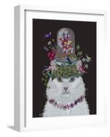 Cat, White with Butterfly bell jar, on black-Fab Funky-Framed Art Print