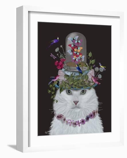 Cat, White with Butterfly bell jar, on black-Fab Funky-Framed Art Print