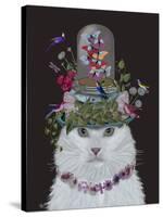 Cat, White with Butterfly bell jar, on black-Fab Funky-Stretched Canvas