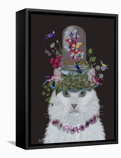 Cat, White with Butterfly bell jar, on black-Fab Funky-Framed Stretched Canvas