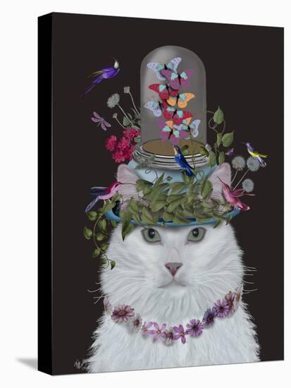 Cat, White with Butterfly bell jar, on black-Fab Funky-Stretched Canvas