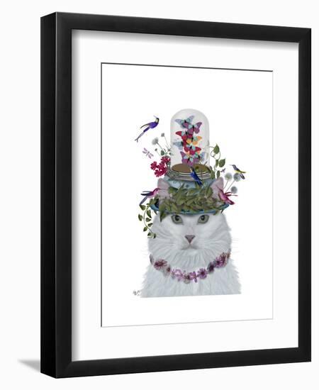 Cat, White with Butterfly bell jar-Fab Funky-Framed Art Print