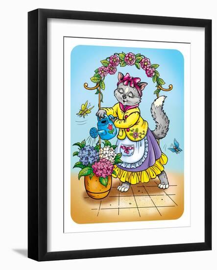 Cat with Flowers-Olga Kovaleva-Framed Giclee Print