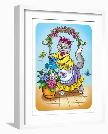 Cat with Flowers-Olga Kovaleva-Framed Giclee Print