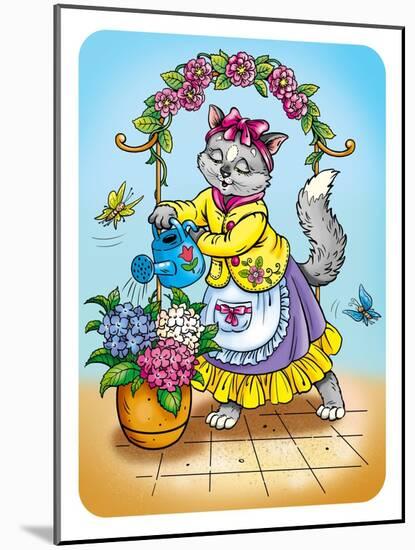 Cat with Flowers-Olga Kovaleva-Mounted Giclee Print