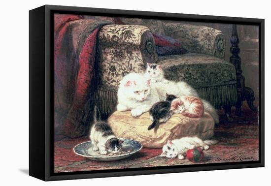 Cat with Her Kittens on a Cushion-Henriette Ronner-Knip-Framed Stretched Canvas