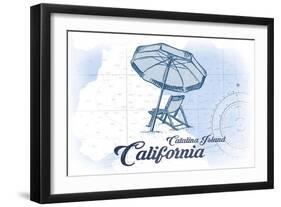 Catalina Island, California - Beach Chair and Umbrella - Blue - Coastal Icon-Lantern Press-Framed Art Print