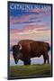 Catalina Island, California - Bison and Sunset-Lantern Press-Mounted Art Print