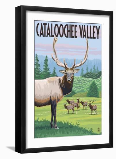 Cataloochee Valley, North Carolina - Elk Herd-Lantern Press-Framed Art Print