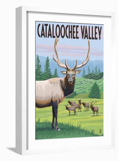 Cataloochee Valley, North Carolina - Elk Herd-Lantern Press-Framed Art Print