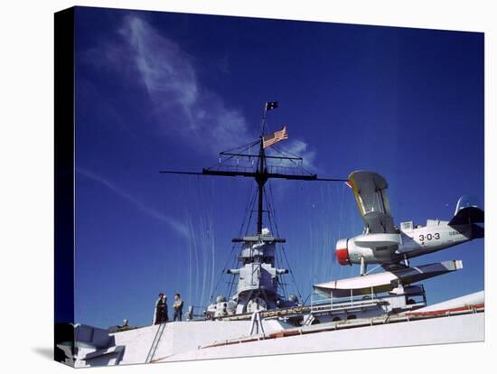 Catapult Launched Scout Plane Aboard Battleship Idaho BB-42, US Navy's Pacific Fleet Maneuvers-Carl Mydans-Stretched Canvas