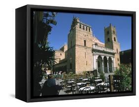 Cathedral and Cafe, Monreale, Sicily, Italy-Peter Thompson-Framed Stretched Canvas