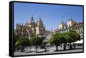 Cathedral on left and Town Hall on right, Plaza Mayor, Segovia, UNESCO World Heritage Site, Spain-Richard Maschmeyer-Framed Stretched Canvas