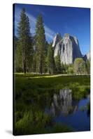 Cathedral Rocks Reflected in a Pond and Deer, Yosemite NP, California-David Wall-Stretched Canvas