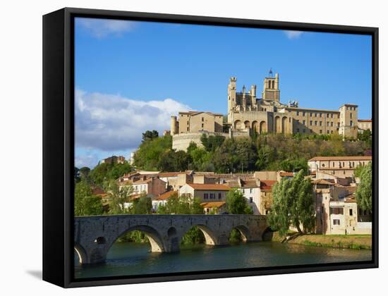 Cathedral Saint-Nazaire and Pont Vieux (Old Bridge) over River Orb, Beziers, Herault, France-Tuul-Framed Stretched Canvas